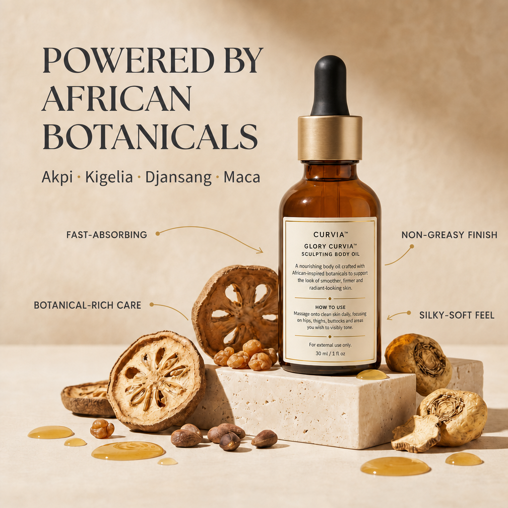 Glory Curvia body oil surrounded by African botanical ingredients