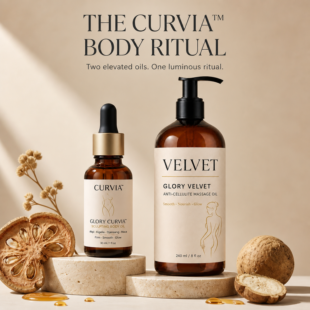 The Curvia body ritual duo — Glory Curvia sculpting oil and Glory Velvet massage oil on stone pedestals