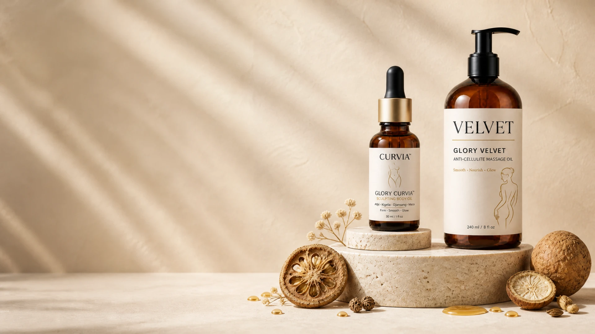 Glory Curvia dropper bottle and Glory Velvet pump bottle side by side on warm travertine